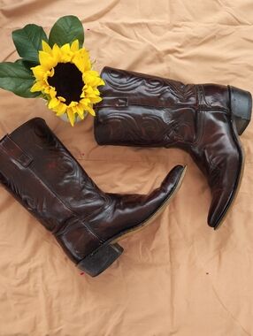 ACME Vintage Dark Brown Leather Western Cowboy Boots with Embossed Stitching